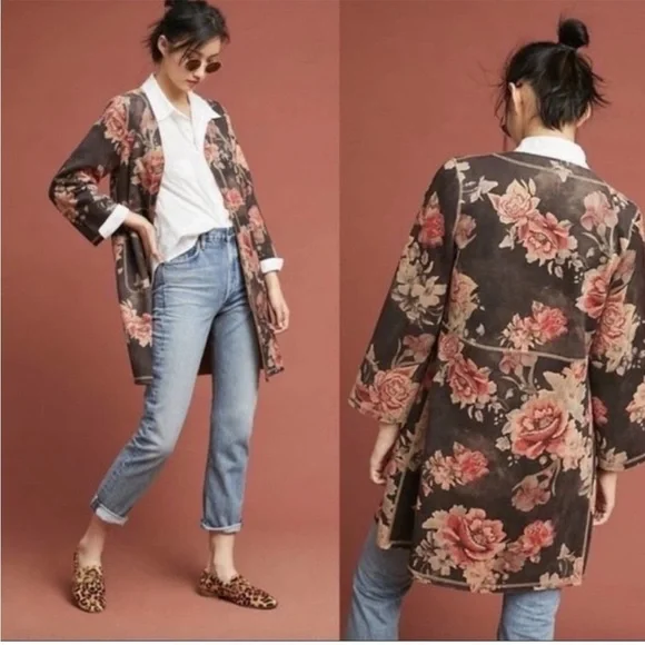 Anthropologie Solitaire Faux Suede Jacket statement piece cherry red floral - Picture 11 of 13